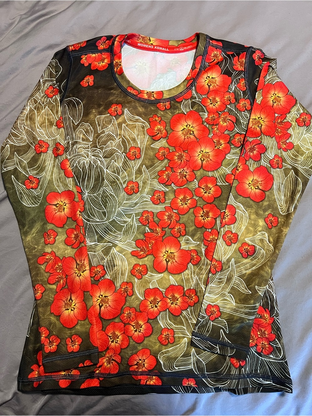INKnBURN Women's Long Sleeve Flowering Quince long sleeve in Red and Olive